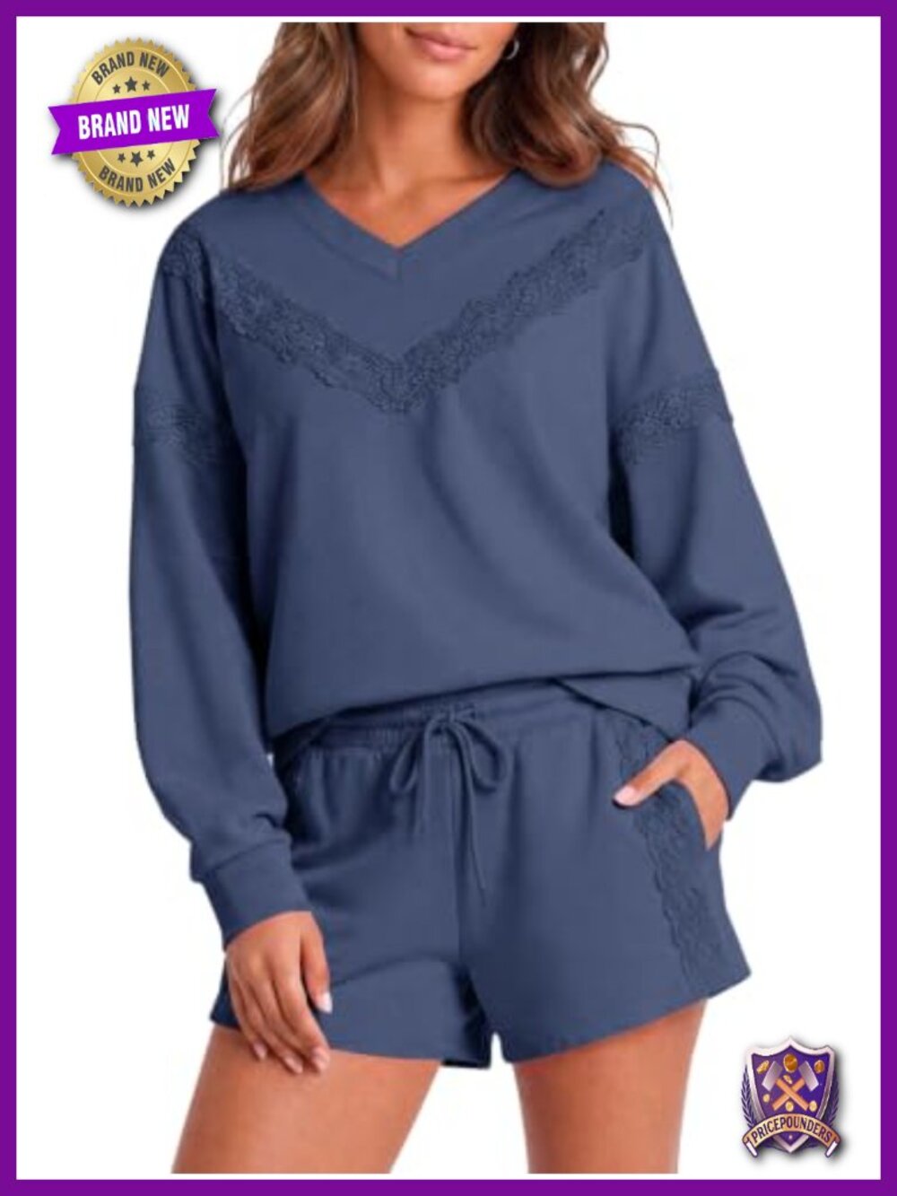 2 Piece Sweatsuit Set Lace V-Neck Long Sleeve Sweatshirt & Shorts